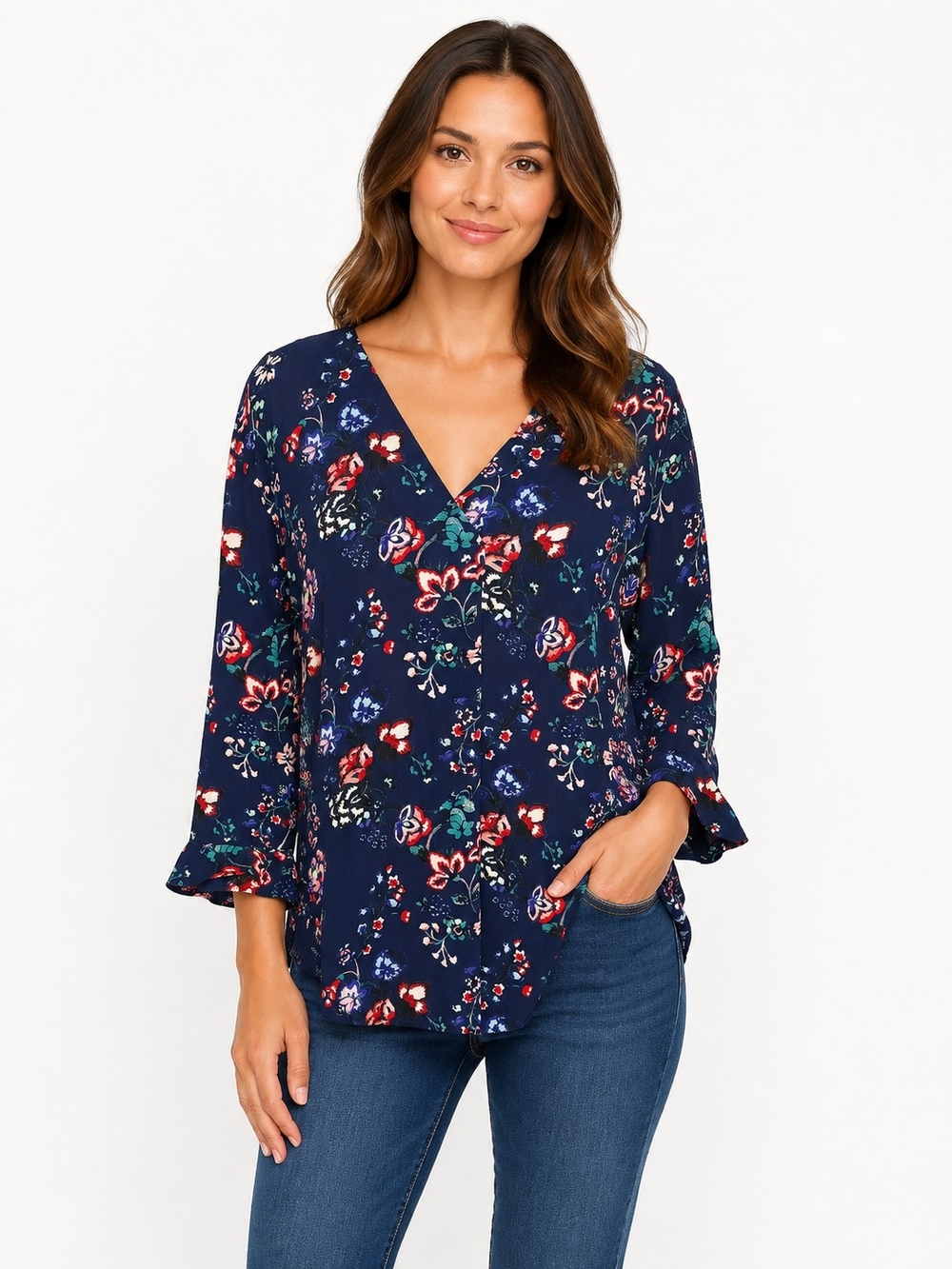 Rose + Olive Women's Navy Floral V-Neck Blouse Size M